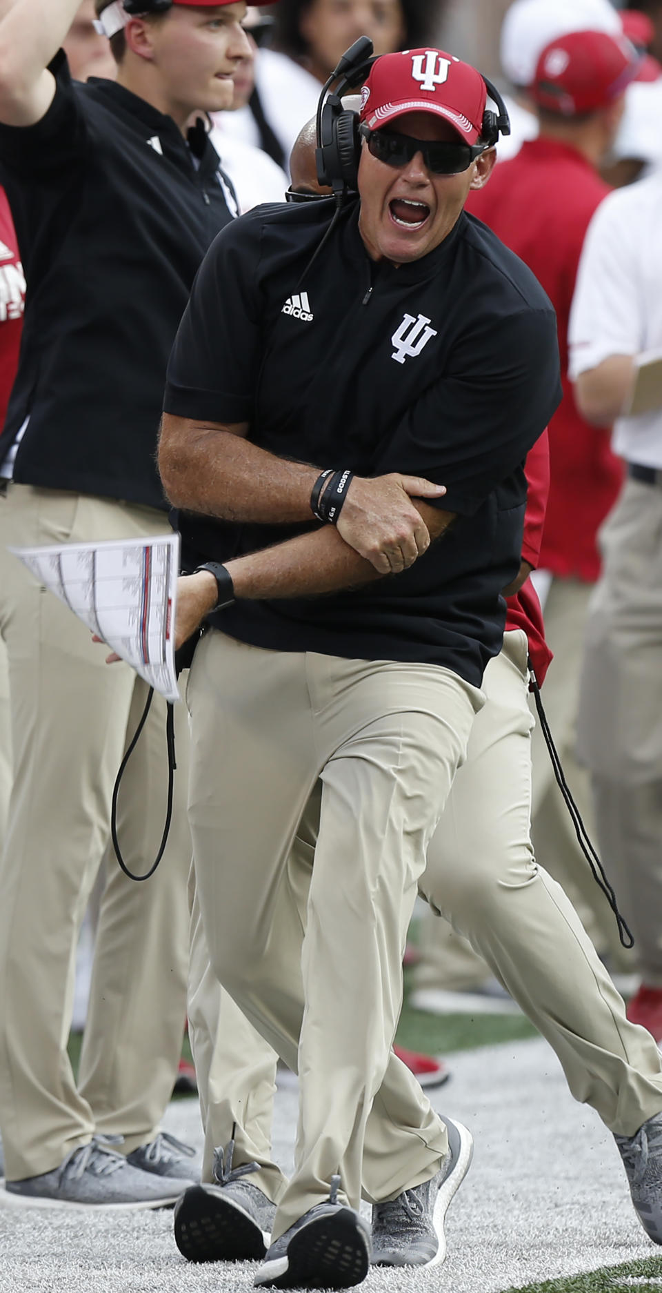 Indiana head coach Tom Allen shouts at a referee during the first half of an NCAA college football game against Ohio State, Saturday, Oct. 6, 2018, in Columbus, Ohio. (AP Photo/Jay LaPrete)