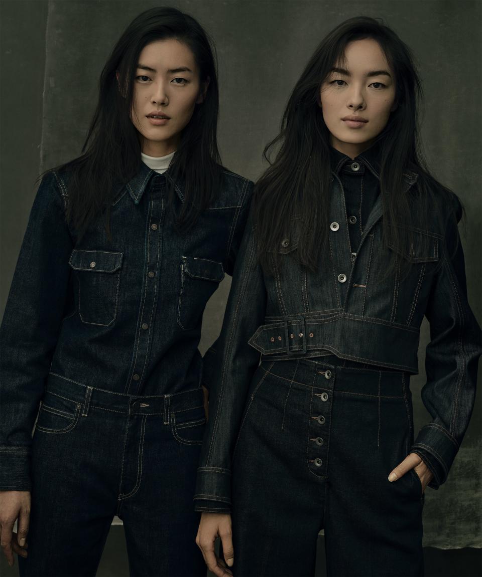 <em>“Our job is to forget the pressure and just relax—you have to be really calm inside to do your best. And at the end of the day, everything’s kind of about teamwork.” —Liu Wen.</em> Wen (left) wears a Calvin Klein Jeans Established 1978 shirt ($495) and jeans ($495); Calvin Klein, NYC. Calvin Klein 205W39NYC turtleneck, $295; Calvin Klein, NYC. Fei Fei Sun (right) wears a Stella McCartney jacket ($1,675), top ($880), and trousers. Jacket at Stella McCartney, L.A. Top at net-a-porter.com.