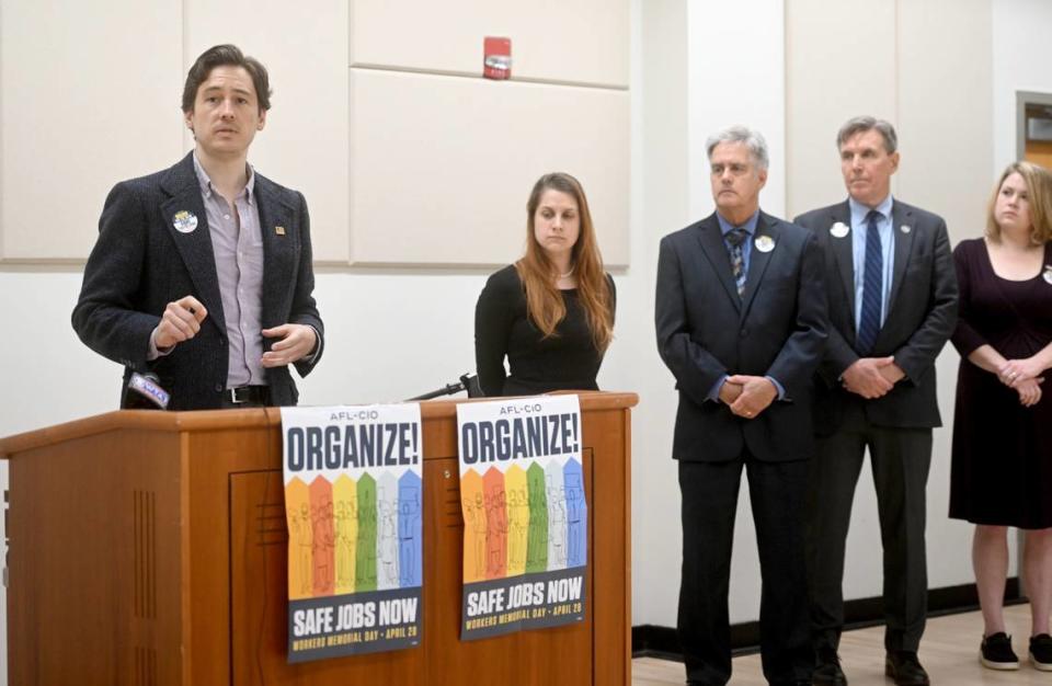 Connor Lewis, president of the Seven Mountains Central Labor Council, speaks during the Workers’ Memorial Day event at the State College Borough Building on Friday, April 28, 2023.