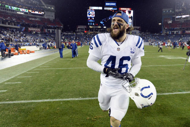 AFC long snapper Luke Rhodes of the Indianapolis Colts (46) looks out  during the singing of the national anthem before the Pro Bowl NFL football  game, Sunday, Feb. 6, 2022, in Las