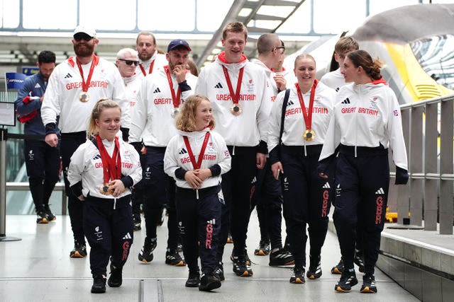 Members of Team ParalympicsGB arriving by Eurostar into London St. Pancras International train station following the 2024 Paris Paralympic Summer Games.