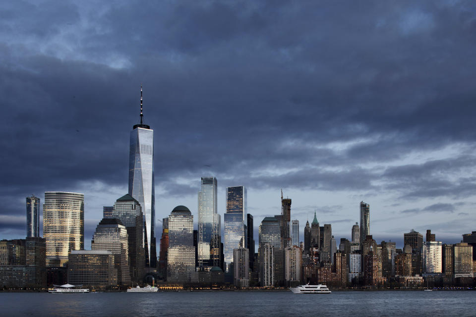 In this Dec. 28, 2018 photo, One World Trade Center towers above the lower Manhattan skyline and the Hudson River in New York. New York City Mayor Bill de Blasio presides over a city that's known for its skyscrapers but he is no fan of the glass towers that have transformed the Manhattan skyline in recent decades. (AP Photo/Mark Lennihan)