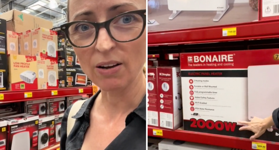 Sarah in Bunnings looking at the heaters in store.