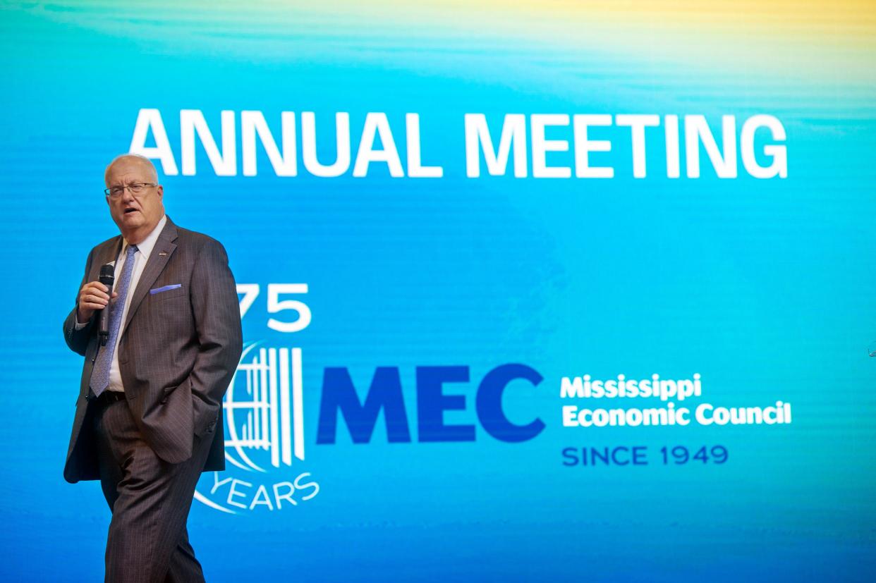 Scott Waller, president of the Mississippi Economic Council, addresses attendees of the MEC annual meeting in Jackson, Miss., Thursday, April 18, 2024.