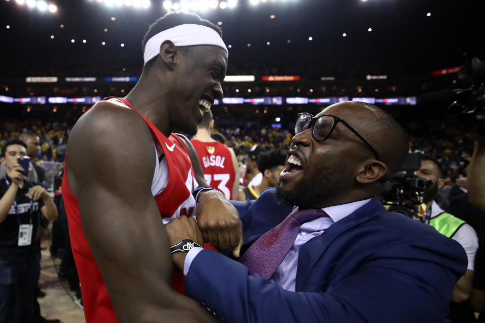 OAKLAND, CALIFORNIA - JUNE 13: Pascal Siakam #43 of the Toronto Raptors celebrates his teams win victory over the Golden State Warriors in Game Six to win the 2019 NBA Finals at ORACLE Arena on June 13, 2019 in Oakland, California. NOTE TO USER: User expressly acknowledges and agrees that, by downloading and or using this photograph, User is consenting to the terms and conditions of the Getty Images License Agreement. (Photo by Ezra Shaw/Getty Images)