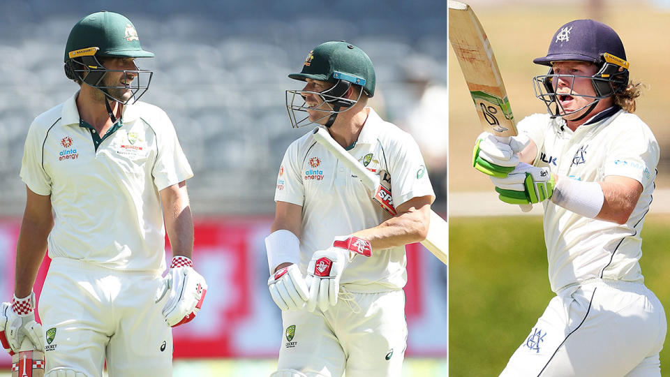 Joe Burns is seen here batting with David Warner for Australia and Victorian batsman Will Pucovski on the right.