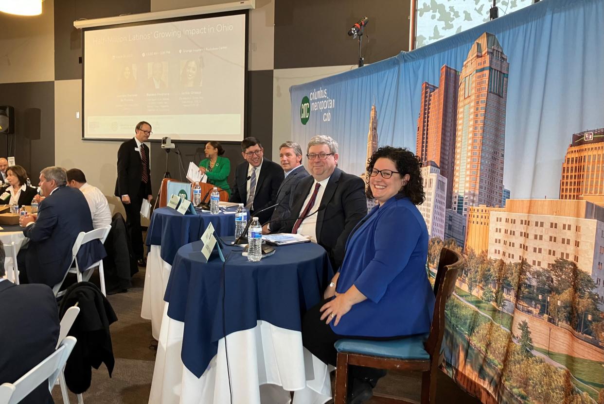 Panelists (from left) Ben Lanka, business editor of the Columbus Dispatch, editor of the Newark Advocate and host of the event, Jamie Greene, Planning NEXT principal, Rick Platt, president and CEO of the Heath-Newark-Licking County Port Authority, and Jennifer Roberts, Evans Foundation executive director, prior to Wednesday's Columbus Metropolitan Club luncheon at Grange Insurance Audubon Center, in Columbus.