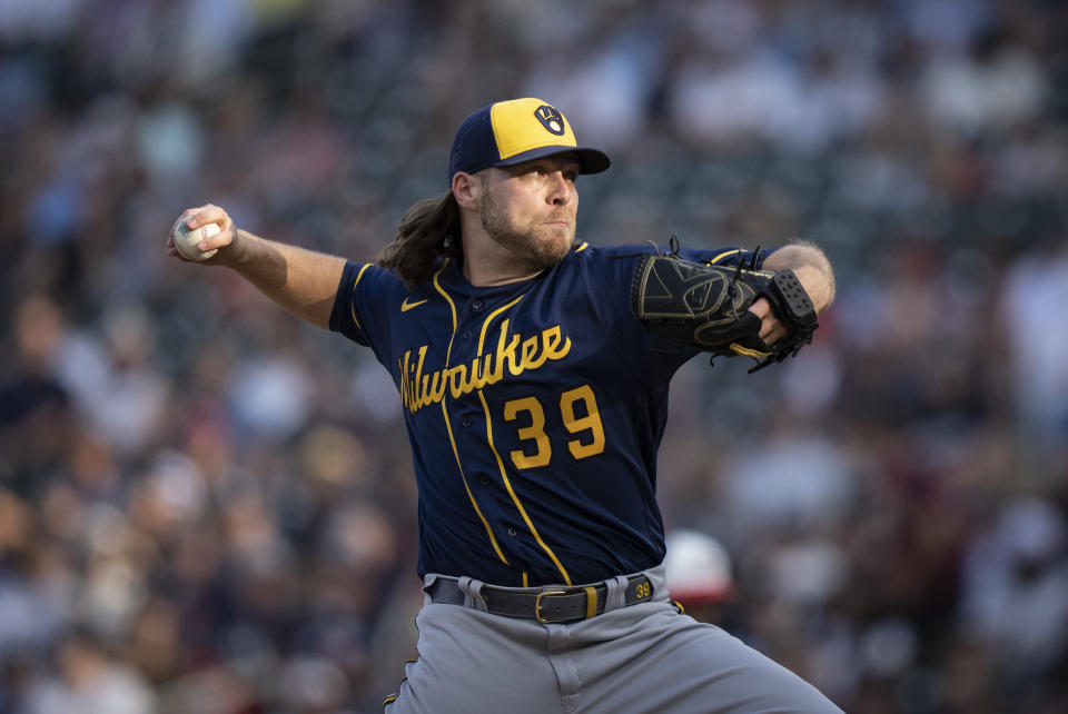 Milwaukee Brewers starting pitcher Corbin Burnes throws to a Minnesota Twins batter during the first inning of a baseball game Tuesday, June 13, 2023, in Minneapolis. (Reée Jones Schneider/Star Tribune via AP)