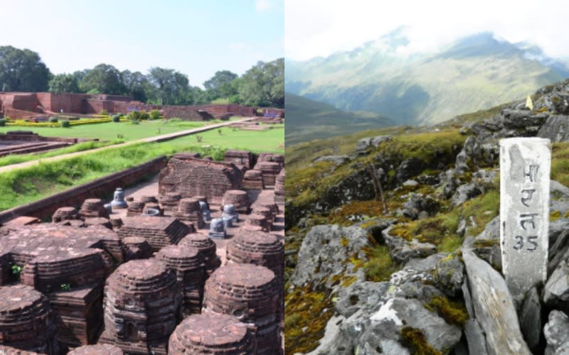 Vestigios arqueológicos de Nalanda Mahavihara, en Bihar, (India). Se trata de un sitio que alberga los restos de un antiguo monasterio (izquierda), al que se le considera la universidad más antigua de India. Otro sitio de este país en entrar a la lista fue el Parque Nacional de Khangchendzonga (derecha), en la cordillera del Himalaya y cuyo monte es el tercer pico más alto del planeta (del cual se han creado diversos relatos mitológicos).