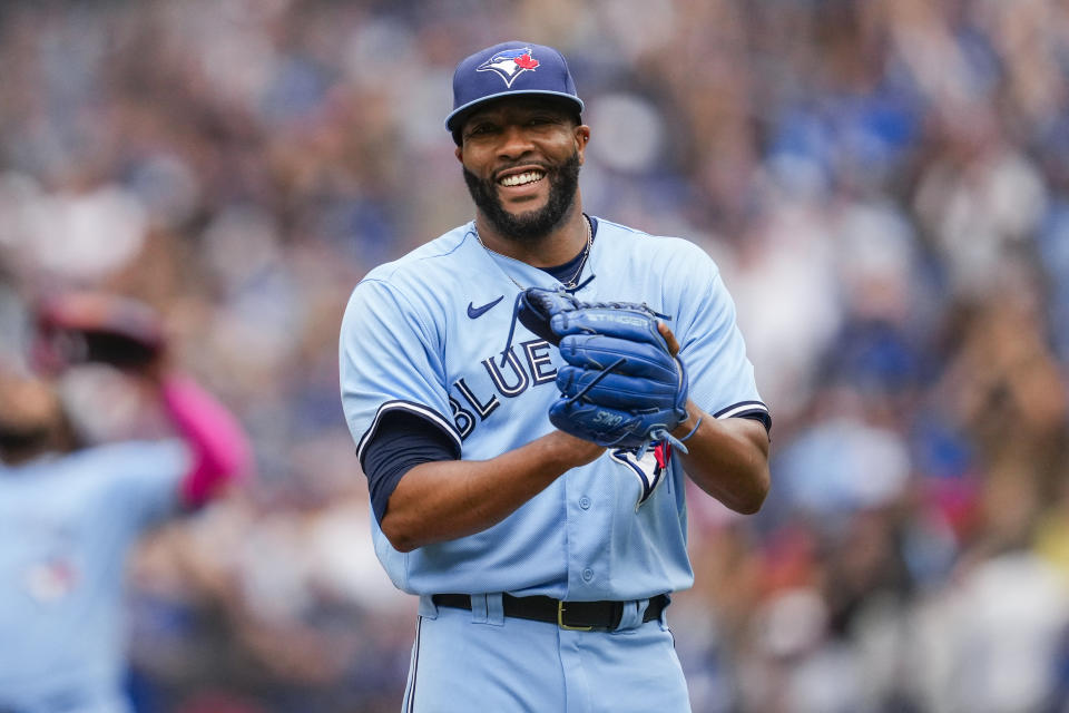 Toronto Blue Jays relief pitcher Jay Jackson celebrates the team's win over the Washington Nationals in a baseball game in Toronto on Wednesday, Aug. 30, 2023. (Andrew Lahodynskyj/The Canadian Press via AP)