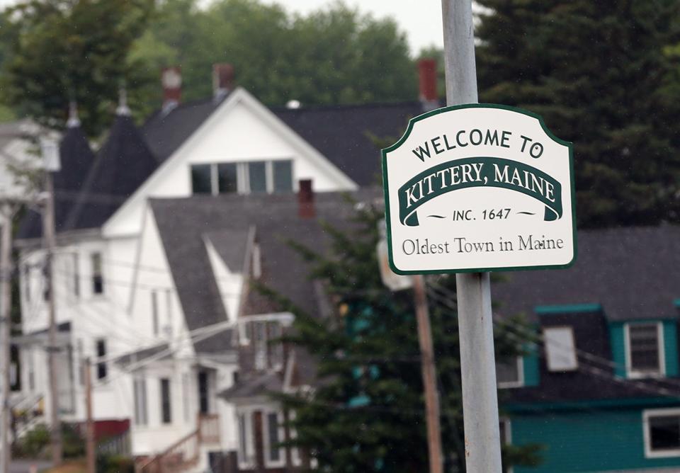 A sign greets people entering Kittery, Maine, after crossing the Memorial Bridge from Portsmouth, New Hampshire, as seen Monday, July 18, 2022.