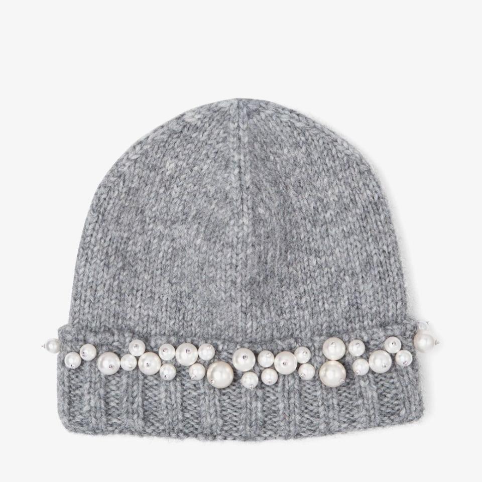 Gerry Marl Grey Knitted Wool Blend Hat with Pearls