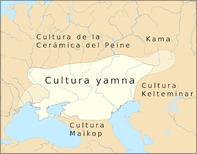 Mapa que muestra la ubicación de la cultura yamna en el 3500 a. C. en el Viejo Mundo. Se mencionan las culturas de la Cerámica del Peine, Maikop y otras adyacentes. <a href="https://commons.wikimedia.org/wiki/File:Yamna-es.svg" rel="nofollow noopener" target="_blank" data-ylk="slk:Joostik /Wikimedia Commons;elm:context_link;itc:0;sec:content-canvas" class="link ">Joostik /Wikimedia Commons</a>, <a href="http://creativecommons.org/licenses/by/4.0/" rel="nofollow noopener" target="_blank" data-ylk="slk:CC BY;elm:context_link;itc:0;sec:content-canvas" class="link ">CC BY</a>