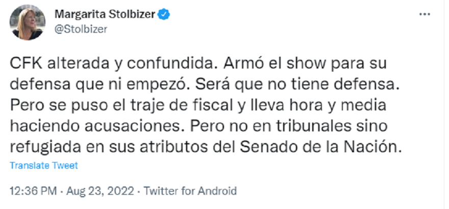 Margarita Stolbizer criticó duramente a la vicepresidenta por su descargo.