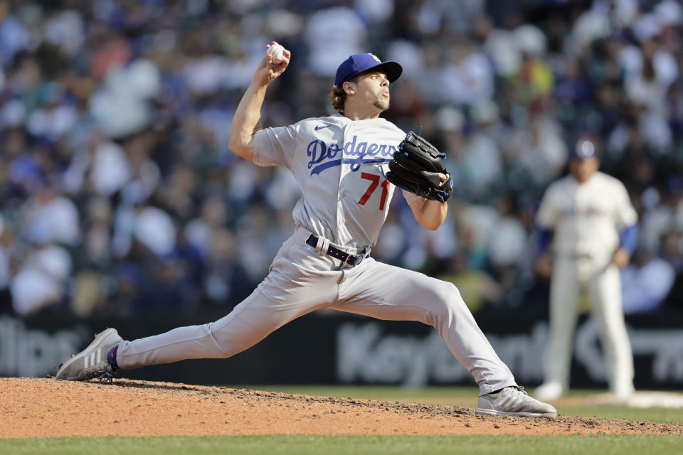 Los Angeles Dodgers closing pitcher Gavin Stone throws to a Seattle Mariners batter during the ninth inning a baseball game, Sunday, Sept. 17, 2023, in Seattle. The Dodgers on 6-1. (AP Photo/John Froschauer)