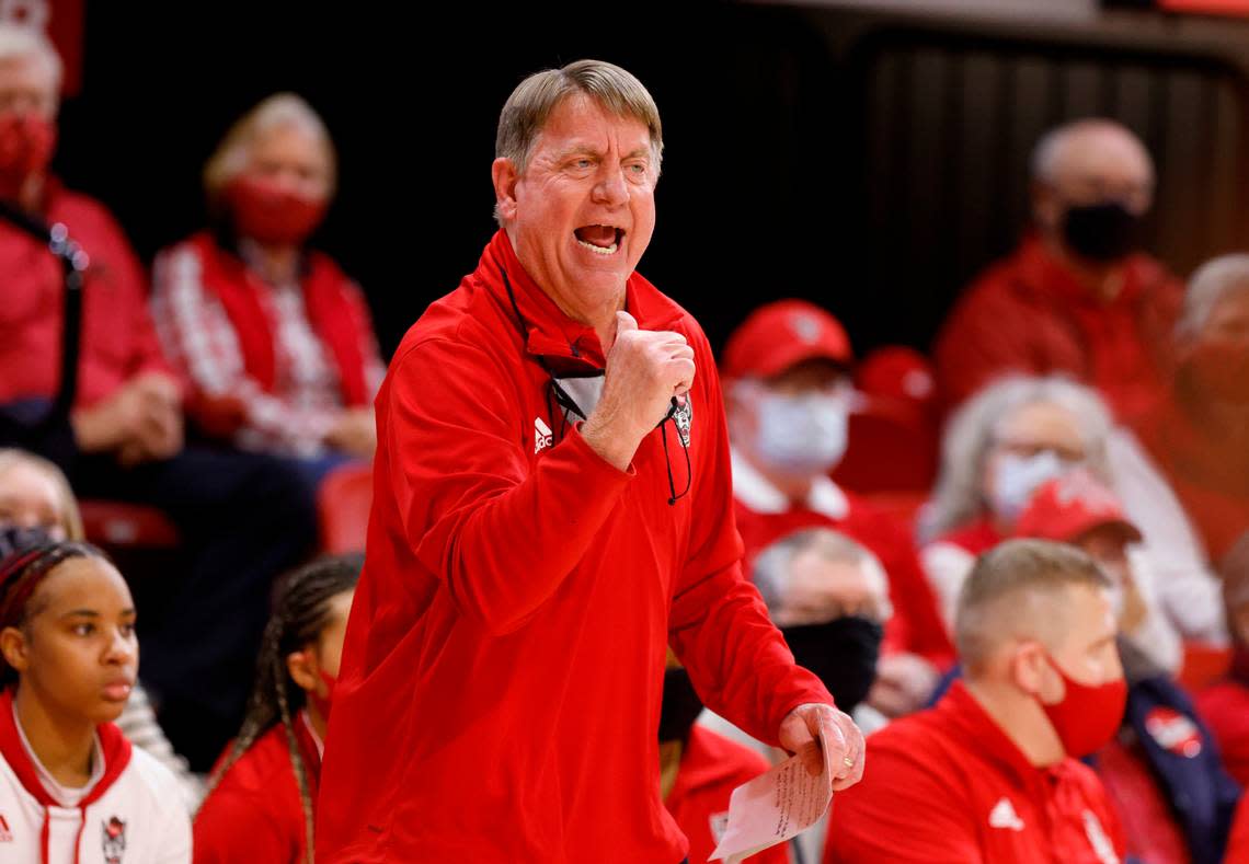 N.C. State head coach Wes Moore yells to his players during the first half of N.C. State’s game against UNC at Reynolds Coliseum in Raleigh, N.C., Thursday, January 6, 2022. He has won 222 games since 2013. At the conclusion of the 2022 season, he was named the ACC Coach of The Year. He also took the women’s team to the Elite 8 for the first time since 1998.