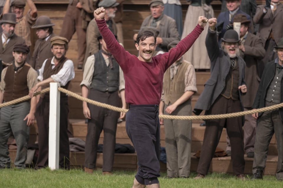 This image released by Netflix shows Kevin Guthrie in a scene from "The British Game," a six-part drama charting the origins of soccer. (Oliver Upton/Netflix via AP)