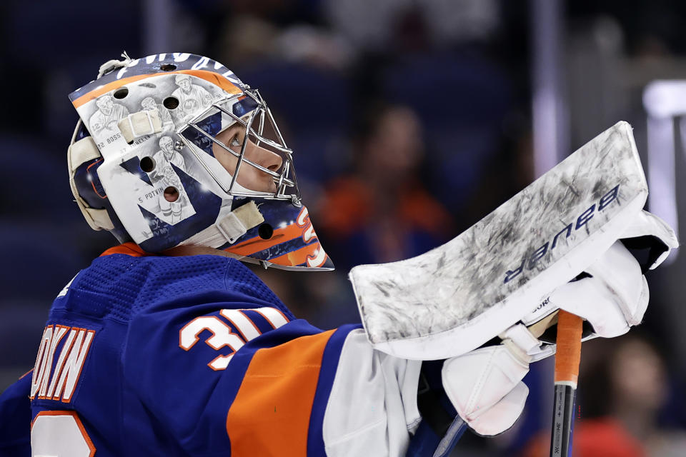 New York Islanders goaltender Ilya Sorokin reacts after giving up a goal to St. Louis Blues center Noel Acciari during the third period of an NHL hockey game Tuesday, Dec. 6, 2022, in Elmont, N.Y. The Blues won 7-4. (AP Photo/Adam Hunger)