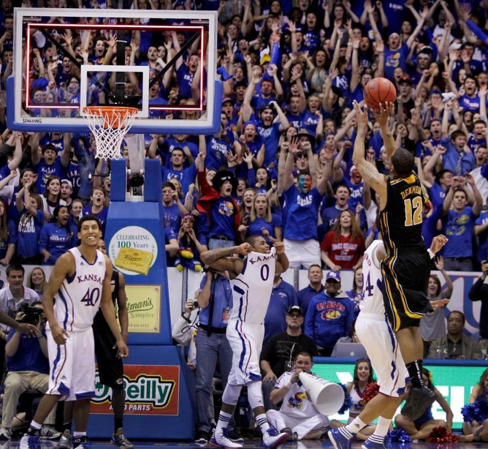 KU’s Thomas Robinson was already celebrating with the KU student body by the time MU’s Marcus Denmon got the shot off after the final buzzer had sounded and the backboard lights flashed, ended the game and giving the Jayhawks an 87-86 overtime victory Feb. 25, 2012 at Allen Fieldhouse in Lawrence.