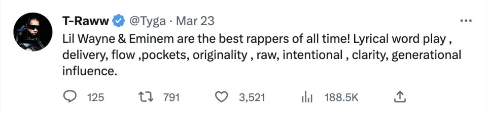 A tweet from Tyga shared on March 23