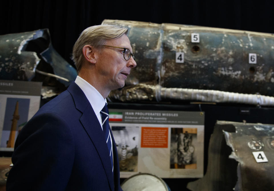 Brian Hook, Special Representative for Iran, walks past pieces of Iranian short range ballistic missiles (Qiam) at the Iranian Materiel Display (IMD) at Joint Base Anacostia-Bolling, in Washington, Thursday Nov. 29, 2018, as he speaks about the Iranian regime's transfer of arms to proxy groups and ongoing missile development. (AP Photo/Carolyn Kaster)