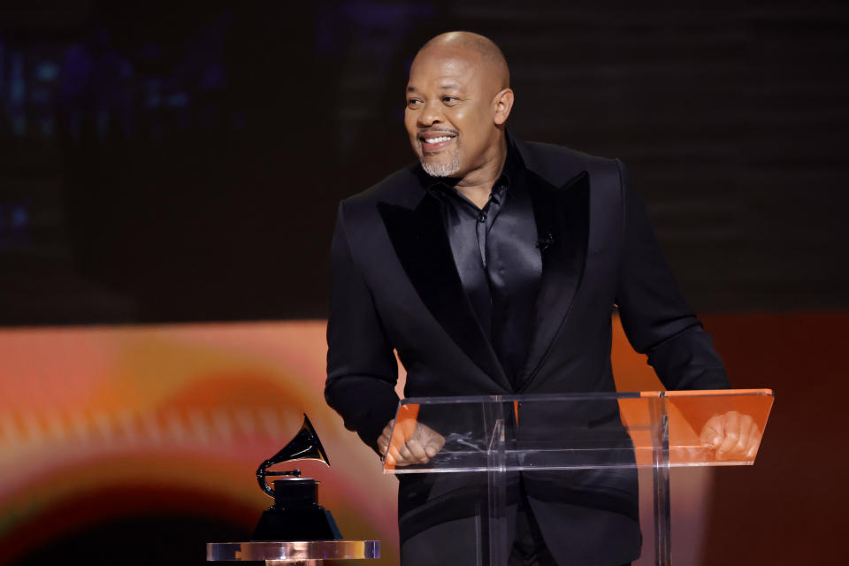 Dr. Dre accepts the Dr. Dre Global Impact Award onstage during the 65th GRAMMY Awards at Crypto.com Arena on February 05, 2023 in Los Angeles, California.