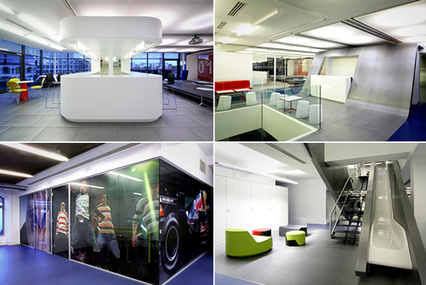 <b>Red Bull, continued</b><br><br>By its own count, Red Bull employs over 8,000 people in 164 countries, including the U.K., where the company has its London headquarters. Designed by <a href="http://jump-studios.com/" rel="nofollow noopener" target="_blank" data-ylk="slk:Jump Studios;elm:context_link;itc:0;sec:content-canvas" class="link "> Jump Studios</a> in London, the unique-looking location takes up three floors, which employees can ascend by a staircase and descend by a slide.