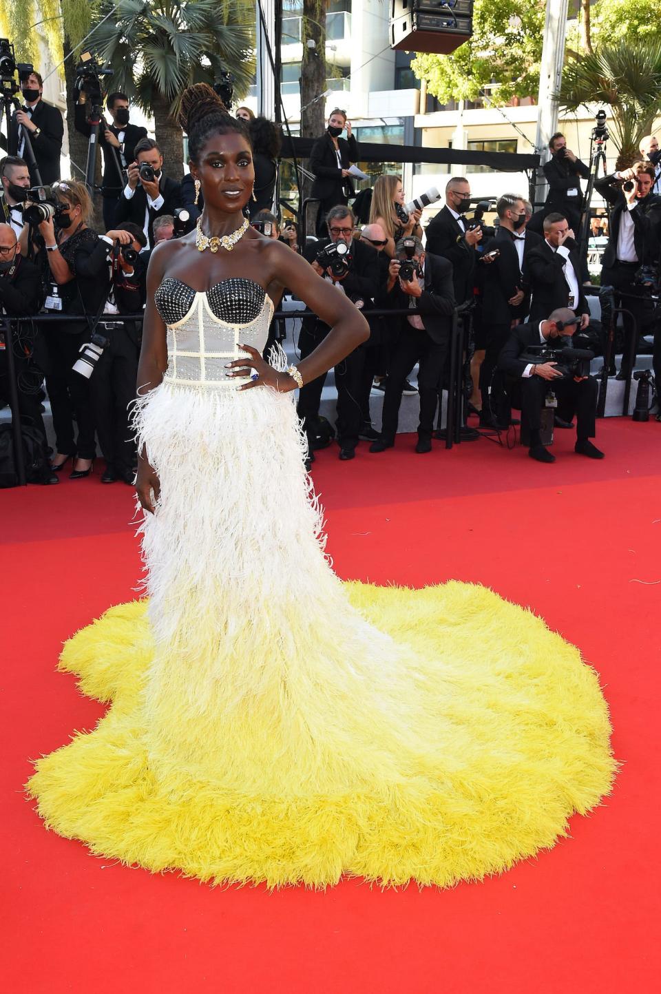 Jodie Turner-Smith wears a strapless gown at the 2021 Cannes Film Festival.