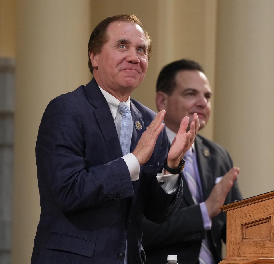 Trenton, NJ — February 27, 2024 -- Assembly Speaker Craig Coughlin and Senate President Nicholas Scutari as Governor Murphy gave his budget address for New Jersey's 2025 fiscal year.