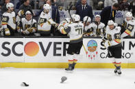 Vegas Golden Knights center William Karlsson (71) celebrates after his hat trick against the Anaheim Ducks during the third period of an NHL hockey game in Anaheim, Calif., Sunday, Feb. 23, 2020. (AP Photo/Chris Carlson)