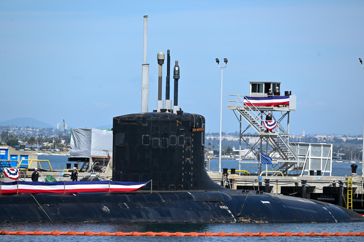 SAN DIEGO, CA - MARCH 13: A submarine is seen during the U.S. President Joe Biden, Prime Minister Rishi Sunak of the United Kingdom and Prime Minister Anthony Albanese of Australia's meeting of the Australia â United Kingdom â United States (AUKUS) Partnership at Naval Base Point Loma in San Diego, California, United States on March, 13, 2023. (Photo by Tayfun Coskun/Anadolu Agency via Getty Images)