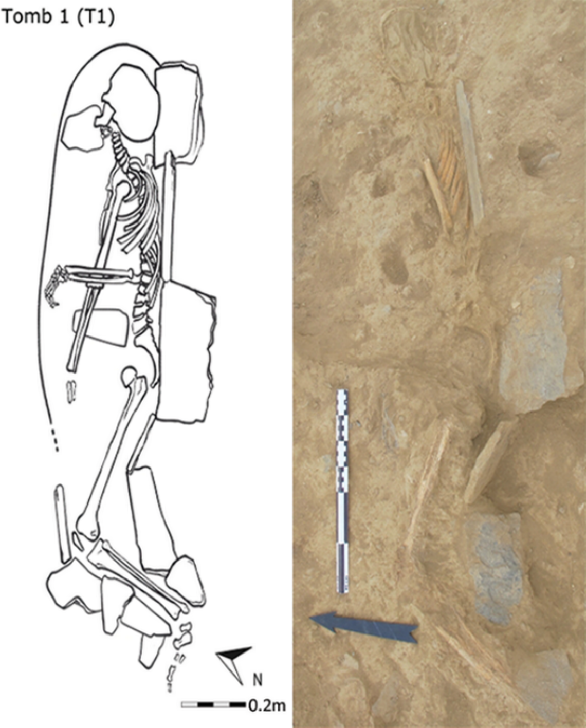 Left: Diagram of the Islamic burial found at the central-eastern church. Right: Photo of the burial. Figure from Gabriele Castiglia