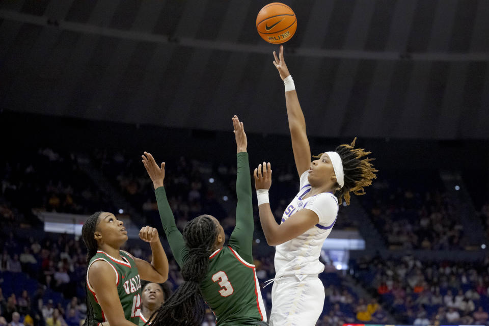 LSU forward Sa'Myah Smith (5) shoots against Mississippi Valley State forward Lizzie Walker (3) during the first half of an NCAA basketball game on Friday, Dec. 4, 2020 in Baton Rouge, La. (AP Photo/Matthew Hinton)