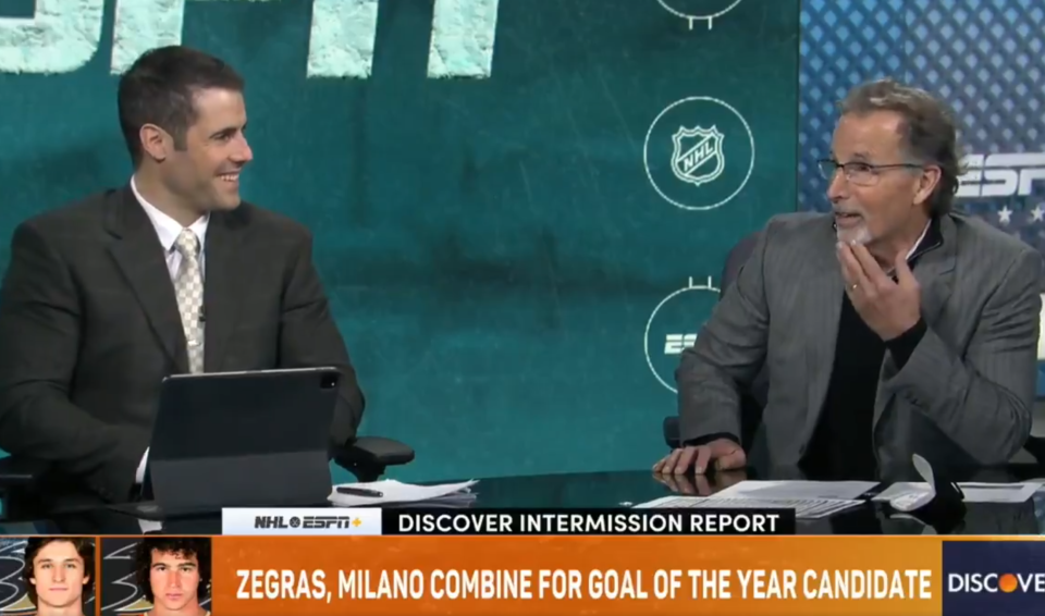 Former NHL coach and current ESPN broadcaster John Tortorella went full Torts with an absolutely classic take on last week's viral Zegras-Milano tally. (Twitter via ESPN+)