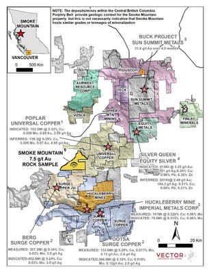 Figure 1. The location of the Smoke Mountain property in the Central BC porphyry-epithermal belt. Note: The deposits, mines, and prospects in this part of BC provide geologic context for the Smoke Mountain property, but these are not necessarily an indication that the Property hosts similar grades or tonnages of mineralization. (CNW Group/GoldHaven Resources Corp.)