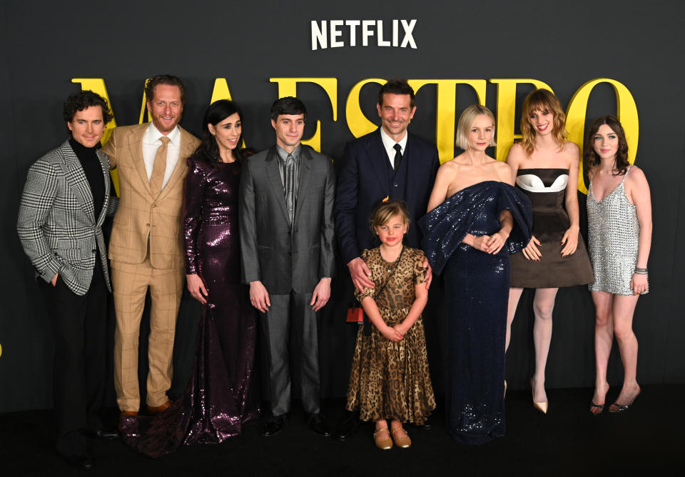 LOS ANGELES, CALIFORNIA - DECEMBER 12: (L-R) Matt Bomer, Brian Klugman, Sarah Silverman, Gideon Glick, Bradley Cooper, Lea De Seine Shayk Cooper, Carey Mulligan, Maya Hawke, and Alexa Swinton attend Netflix's 