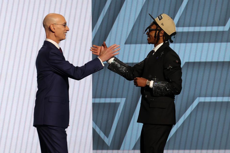 Jun 26, 2024; Brooklyn, NY, USA; Rob Dillingham shakes hands with NBA commissioner Adam Silver after being selected in the first round by the San Antonio Spurs in the 2024 NBA Draft at Barclays Center. Mandatory Credit: Brad Penner-USA TODAY Sports