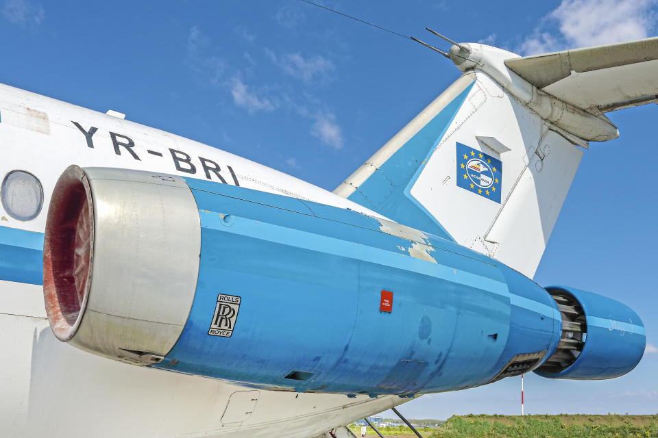 In this handout photo provided by Artmark auction house, a 119-seat "Rombac One-Eleven", one of nine such passenger jets built in Romania which was used by communist dictator Nicolae Ceausescu for official trips between 1986 and 1989, is parked at a military base in Otopeni, Romania, May 4, 2021. An airplane used for official trips by Romania's late communist leader Nicolae Ceausescu will be put up for auction on May 27 with a starting price of 25,000 euros (30,000 USD). (Artmark via AP)