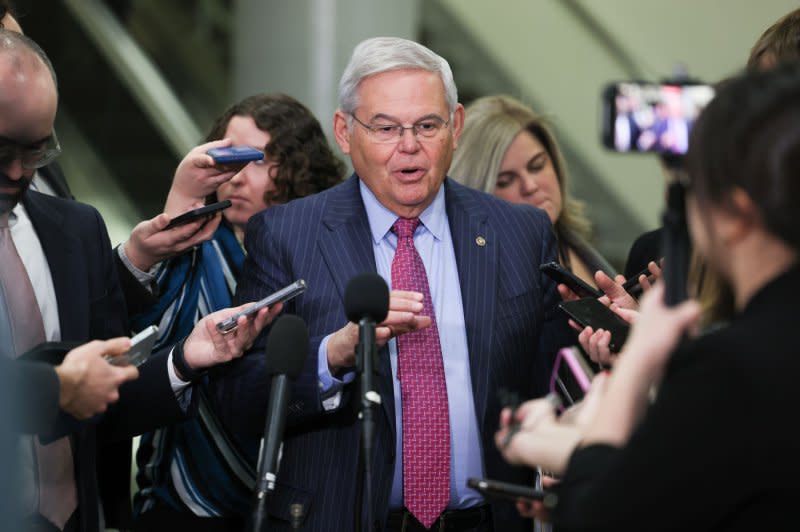 Sen. Bob Menendez, D-NJ, speaks to reporters after a closed-door briefing at the U.S. Capitol in Feb. 2023. On Monday, Menendez and his wife Nadine plead not guilty to over a dozen new federal charges filed last week. File Photo by Jemal Countess/UPI