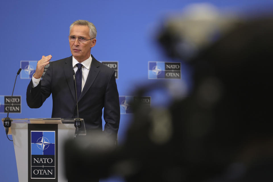 NATO Secretary-General Jens Stoltenberg speaks during a press conference at the NATO headquarters, Wednesday, Nov. 16, 2022 in Brussels. NATO Secretary-General Jens Stoltenberg said a missile blast in Poland Tuesday Nov.15, 2022 that killed two people near the border with Ukraine was probably not an attack by Russia. (AP Photo/Olivier Matthys)