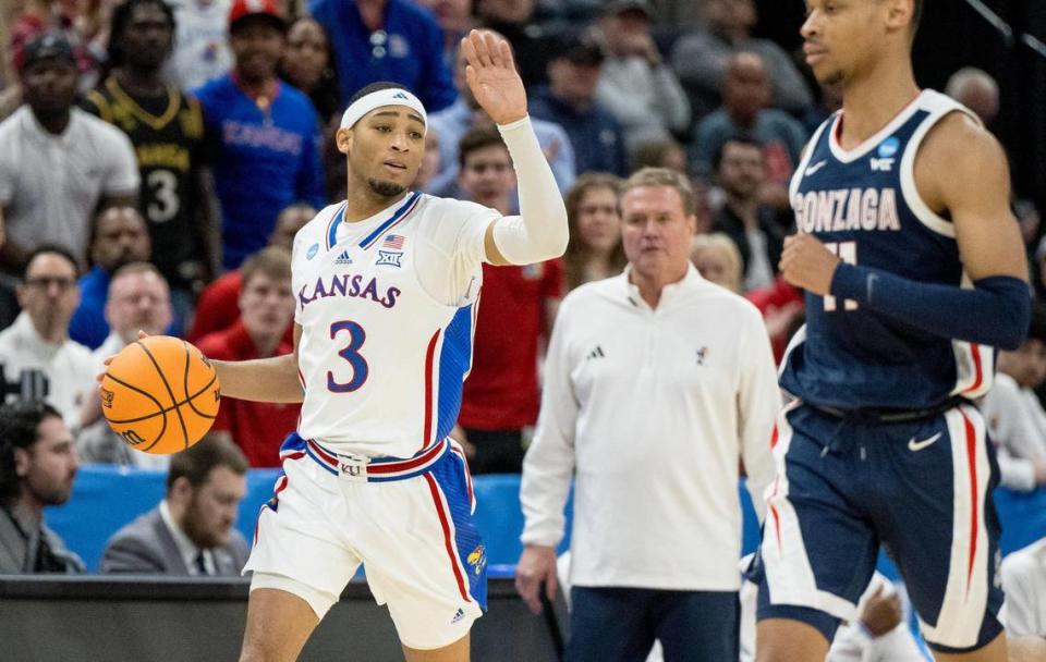 Kansas Jayhawks guard Dajuan Harris Jr. (3) calls a play against the Gonzaga Bulldogs during a men’s college basketball game in the second round of the NCAA Tournament on Saturday, March 23, 2024, in Salt Lake City, Utah.