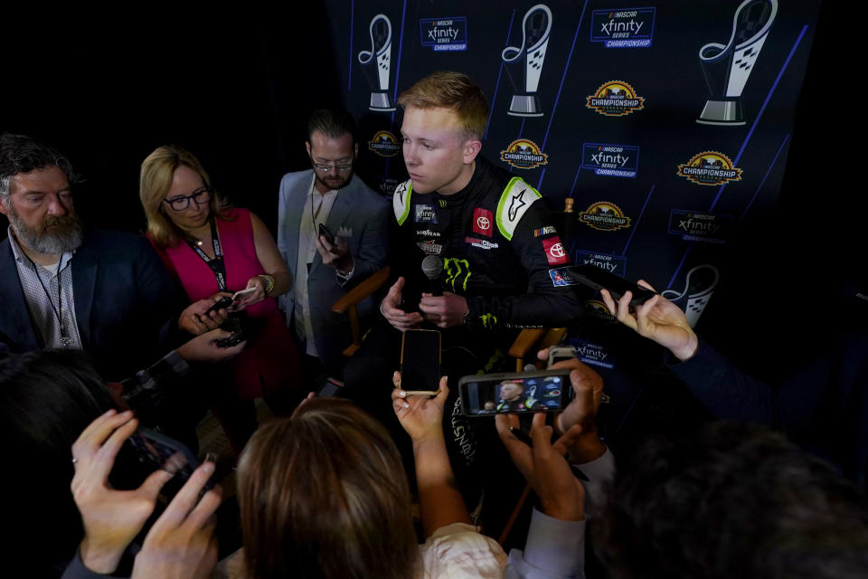 NASCAR Xfinity Series auto racing driver Ty Gibbs speaks during the NASCAR Championship media day, Thursday, Nov. 3, 2022, in Phoenix. (AP Photo/Matt York)