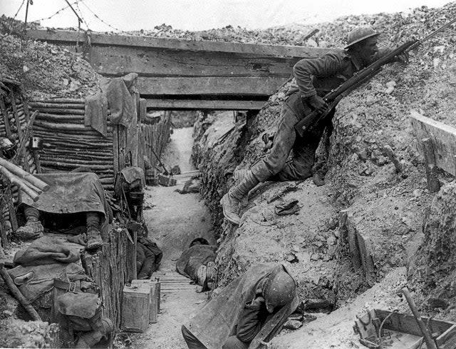 A German trench occupied by British Soldiers near the <u>Albert</u>-<u>Bapaume</u> road at <u>Ovillers-la-Boisselle</u>, July 1916 during the <u>Battle of the Somme</u>. The men are from A Company, 11th Battalion, <u>The Cheshire Regiment</u>. Public Domain.