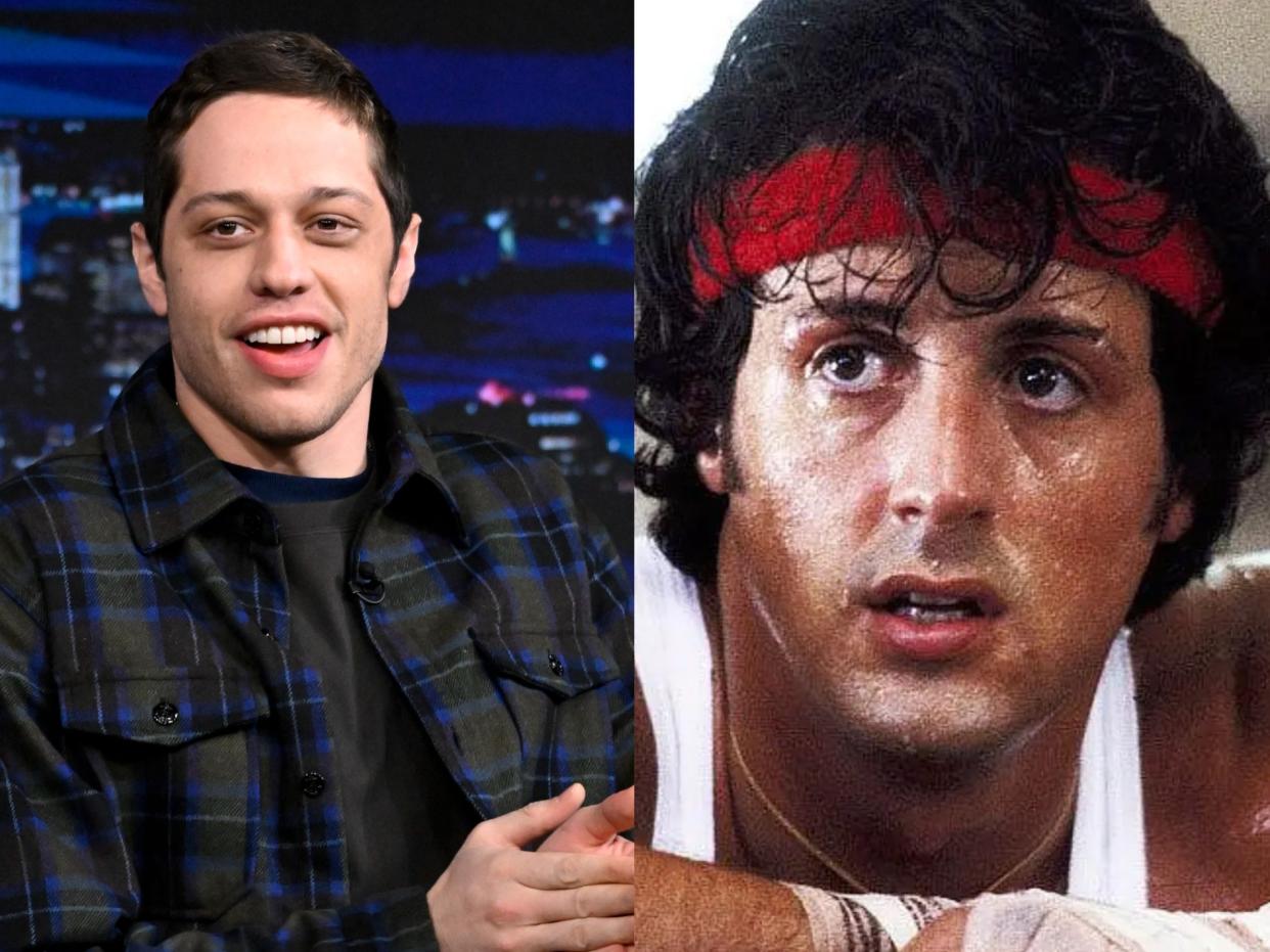 Pete Davidson on "The Tonight Show Starring Jimmy Fallon" on Tuesday, October 10, 2023, and Sylvester Stallone in "Rocky."
