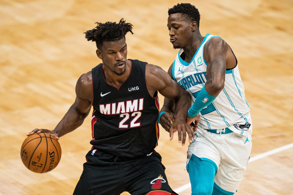 Jimmy Butler of the Miami Heat during an NBA match against the Charlotte Hornets.