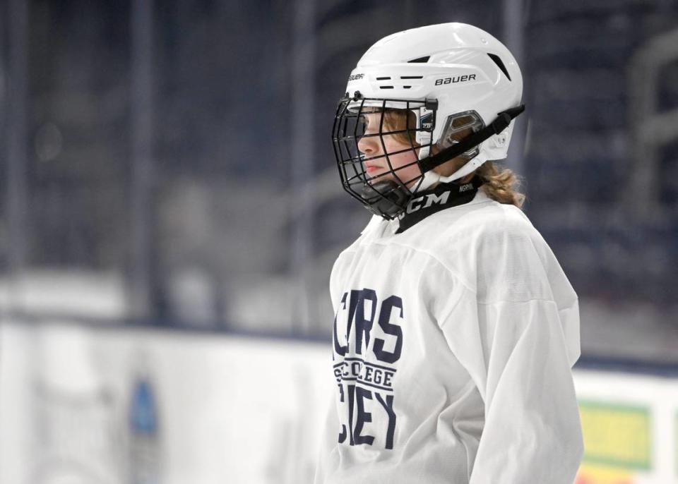 Quinn Hixson, 14, listens to instructions for a drill during practice for the State College middle school secondary hockey team on Friday, March 17, 2023 at Pegula Ice Arena.