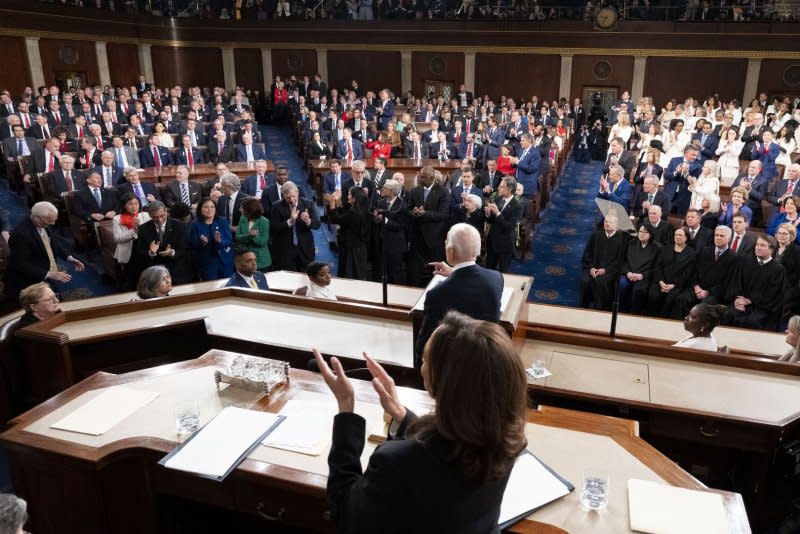 President Joe Biden arrives to deliver the State of the Union speech to a joint session of Congress at the U.S. Capitol in Washington on Thursday. Pool Photo by Alex Brandon/UPI