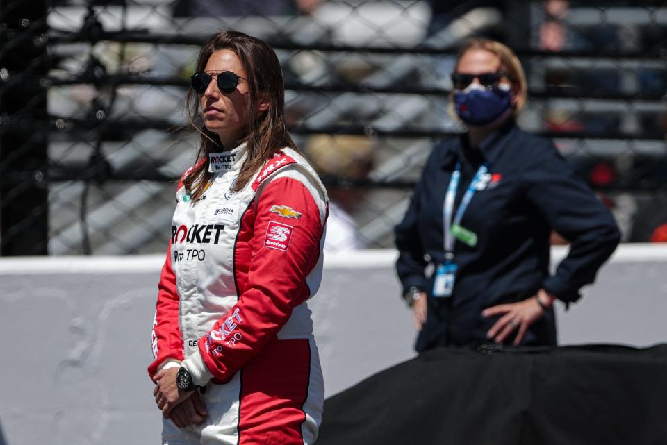 Paretta Autosport driver Simona De Silvestro (16) and team owner Beth Paretta (right) stand on the grid Sunday, May 30, 2021, before the 105th running of the Indianapolis 500 at Indianapolis Motor Speedway.