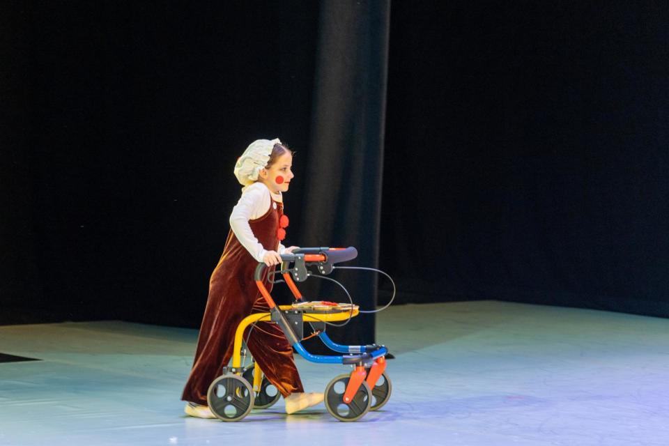 PHOTO: Aubrey Scaletta, 7, and her twin sister Grayson perform in the Nutcracker at the Moss Arts Center on Dec. 8, 2023, in Blacksburg, Va. Aubrey danced just months after nearly losing her feet in a life-threatening accident. (Scott P. Yates/Carilion Clinic)