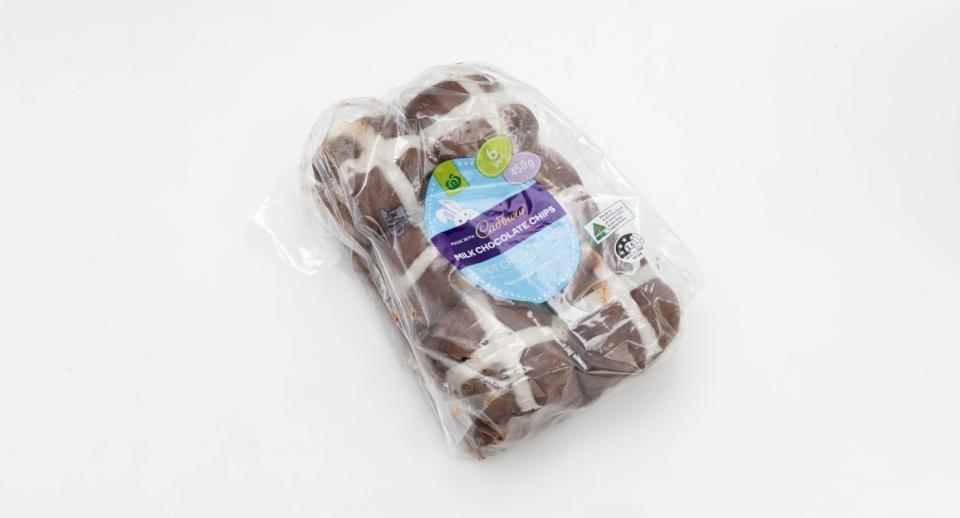 Experts suggested the Woolworths Hot Cross Bun made with Cadbury chocolate texture and flavour was better fresh, not toasted. Photo: CHOICE